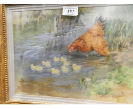 Lucy Elizabeth Kemp-Welch (1869-1958) ARWatercolour drawing Ducklings in stream by river bank with chicken bearing the initia