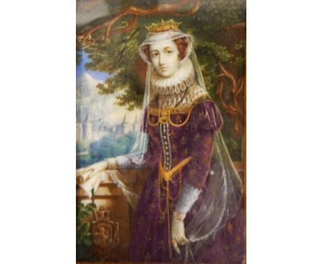 Possibly French School, 18th century,  painting on ivoryPortrait of continental lady in medieval dress, holding scroll, marke