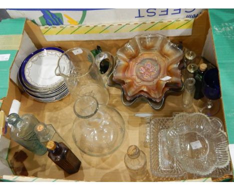Quantity of glassware and ceramics including carnival glass, cut glass, a large basin, planter, meat dish (2 boxes) 