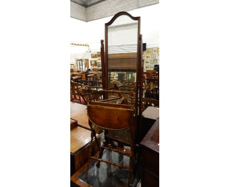 Swing framed cheval mirror, a turned spindle folding worktable and a two-tier glass panelled lamp/magazine table (3) 
