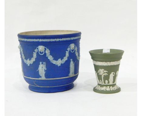 Wedgwood Jasperware jardiniere decorated with garlands and figures on a blue ground, a green Jasperware vase, a Lladro figure