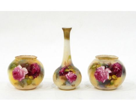 A pair of Royal Worcester vases of globular form, painted with roses on an ivory ground, 7.5cm high and a Royal Worcester bot