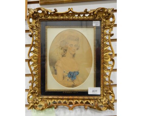 Attributed to J Downman, ARA (1750-1824)Chalk on paper heightened in watercolour Oval three-quarter length portrait of seated