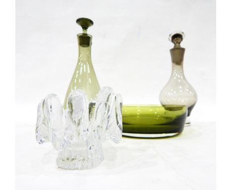 Smoky glass decanter of teardrop form, two more similar examples, a crackle design spherical vase, a cut glass bowl and a box