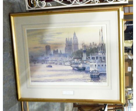 Two bevelled edged mirrors with Art Deco style ribbed frames, a mirror with a metal white scrolled frame, a framed print and 