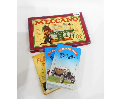 Meccano 0 set with instruction manual, various model car collector magazines, motorcycle reference books, etc. 
