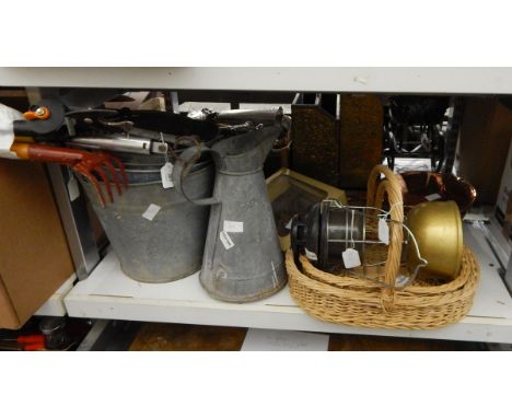 Three galvanized metal buckets, a galvanized metal ewer, two trug style baskets and a paraffin lamp 