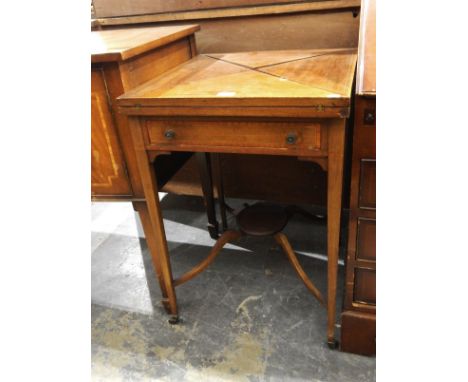 Edwardian envelope fold-over card table with stringing borders, fitted drawer to frieze and with under-tier 