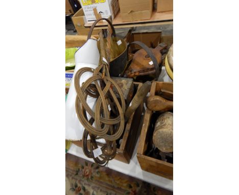 Two brass jam pans, an enamel ewer, enamel chambersticks, a Peak Freen biscuit tin, two carpet beaters, bellows, etc. 