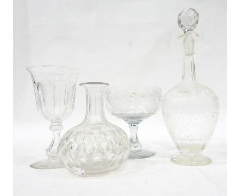 Victorian glass goblet, the bowl etched with ferns, on slab cut pedestal stem, a Victorian double-skin glass wine jug painted
