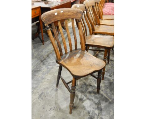 Set of five elm kitchen chairs with lath backs, on bobbin and turned supports, united by H-stretchers (5) 