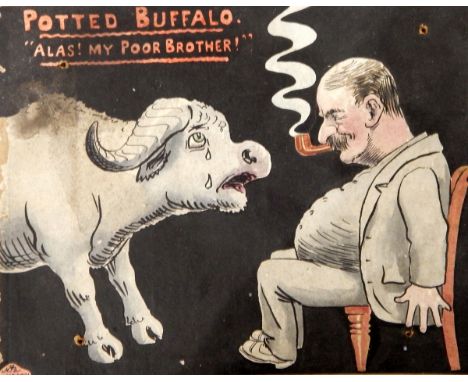 Watercolour drawing Bovril advertising poster, 'Potted Buffalo', 'Alas! My Poor Brother!' bearing monogram bottom left, 'NFB 