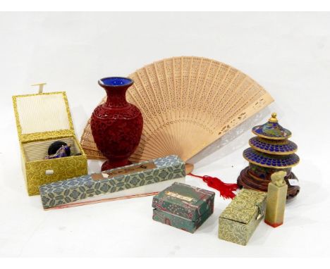 Modern Chinese cloisonne model of a lady, a cloisonne jar in the form of a pagoda, a jade seal, a modern Chinese fan, a moder