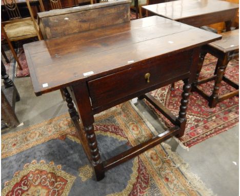 Antique oak side table with single frieze drawer, on bobbin and block supports, 95cm wide 