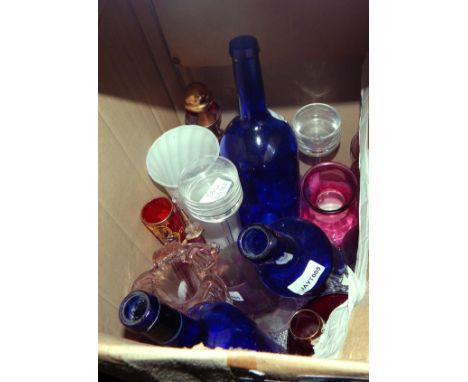 Assorted glassware including three blue glass bottles, a large ironstone two-handled jardiniere, blue transfer pattern depict