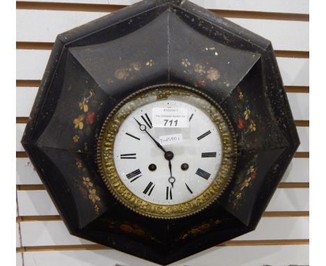 Japanned wall clock, the octagonal case painted with flowers on a black ground, the circular enamel dial with Roman numerals,