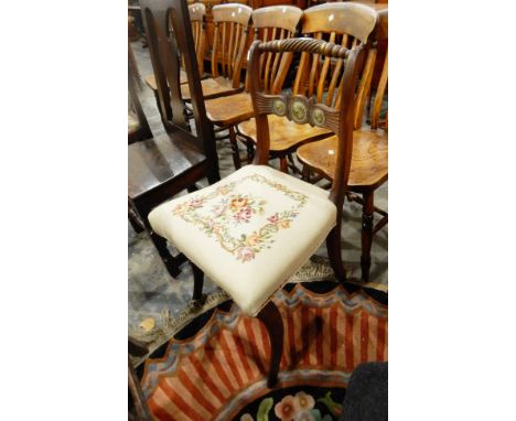 Regency mahogany and brass dining chair with bobbin and spirally twisted top rail, shaped centre rail, floral cushion, on sab