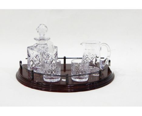 Royal Doulton cut glass decanter set with two whisky tumblers, water jug on D-shaped mahogany tray 