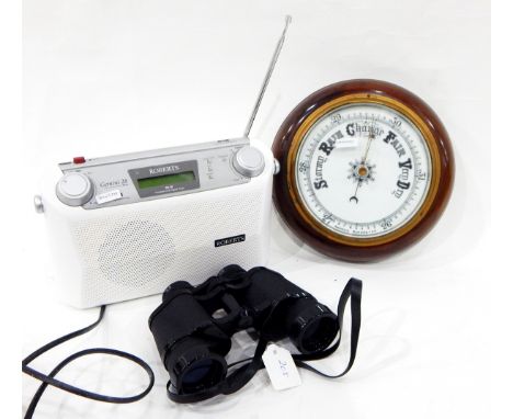 Aneroid barometer in circular mahogany case, a pair of Tasco 8x40 binoculars and a Roberts DAB digital radio 