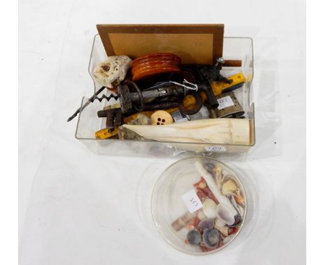 Monopol metal corkscrew inscribed "117" and "DRGM", a turned treen box and cover, a bone-handled penknife, a thermometer on a