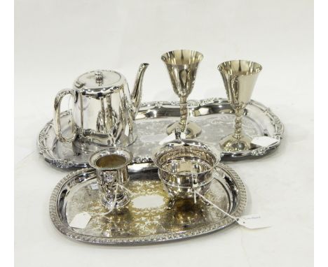 Quantity of silver plate including a beaded soup ladle, two trays, pair of goblets, etc. 