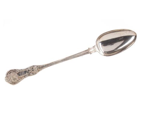 VICTORIAN SILVER BASTING SPOON,maker John Murray, Glasgow 1851, Queen's pattern, armorial engraved terminal, 32cm long, appro