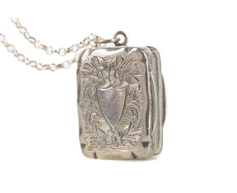 VICTORIAN SILVER VINAIGRETTE ON CHAIN,maker Hilliard &amp; Thomason, Birmingham 1882, the exterior engraved with scrolls and 