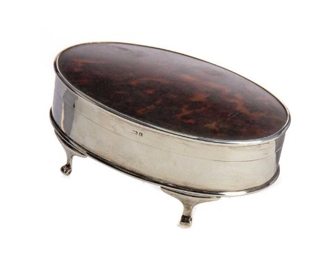 GEORGE V SILVER AND TORTOISESHELL JEWELLERY BOX,maker Walker &amp; Hall Ltd., Birmingham 1923, with lined interior and raised