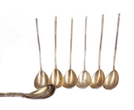 SET OF NINE RUSSIAN SILVER TEASPOONS,maker Ivan Sergeyevich Lebedkim, active Moscow 1898-1914, bearing first kokoshnik mark a