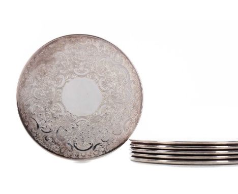 SET OF SIX ELIZABETH II SILVER PLACEMATS,maker Barker Ellis, Sheffield 2004, each of circular form, engraved with foliage and