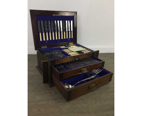 WALKER &amp; HALL MAHOGANY CANTEEN OF CUTLERY,with central inlay and two drawers, twelve-place setting, 23cm x 48cm x 34cmOld