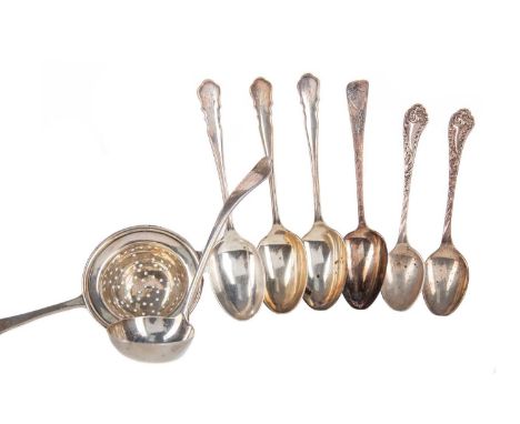 SCOTTISH PROVINCIAL SILVER FIDDLE PATTERN MUSTARD SPOON,by Robert Keay of Perth, and a group of silver teaspoons, sauce ladle