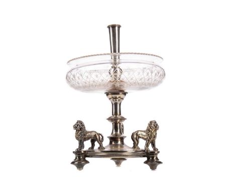 VICTORIAN SHEFFIELD PLATE AND CLEAR GLASS EPERGNE BY PHILLIP ASHBERRY &amp; SONS,of small proportions, with three cast lions 