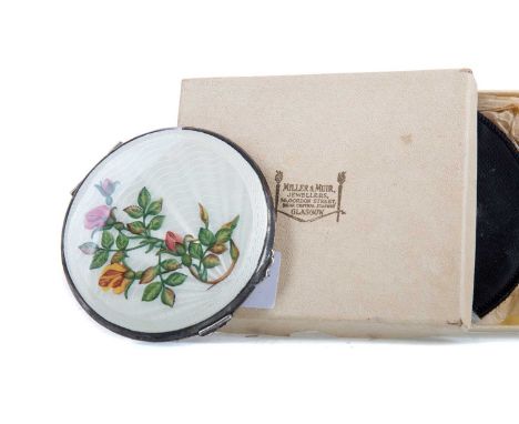 MID-20TH CENTURY SILVER AND GUILLOCHE ENAMEL COMPACT,by Joseph Gloster, painted with a floral spray, 8.4cm diameter, with pou
