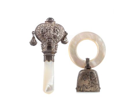 GEORGE V SILVER AND MOTHER OF PEARL RATTLE,maker W H Collins &amp; Co, Glasgow 1924, embossed with figural panels within foli
