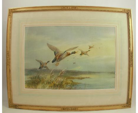 W E Powell, colour print, Over the Salt Flats, ducks in flight, 12.5ins x 18.5ins