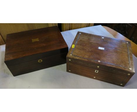 A 19th century rosewood ladies jewellery box, with line inlay and mother of pearl spots, the interior with silk lined compart
