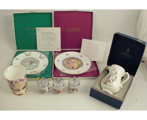 A Royal Worcester commemorative jug, boxed, together with a Coalport goblet, commemorating Winson Churchill, two Royal Doulto