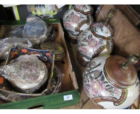 Three pottery lamp bases, various plates, covered pots etc, all made in China