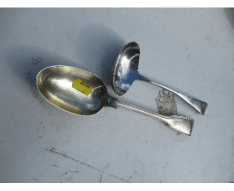 A Georgian hallmarked silver ladle, together with a Victorian hallmarked silver fiddle and thread pattern serving spoon