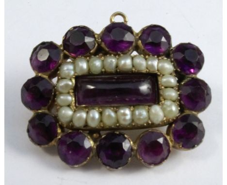 A&nbsp; Victorian amethyst and seed pearl brooch, unmarked, 3.2cm long, 8.7g gross