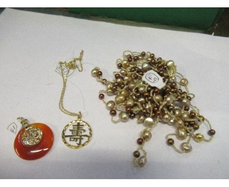 A multi-coloured 6 strand fresh water pearl necklace, 33g gross, together with an agate pendant inset with yellow metal, 3g g