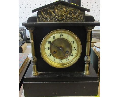 A Victorian black slate mantle clock, if architectural form, height 11ins