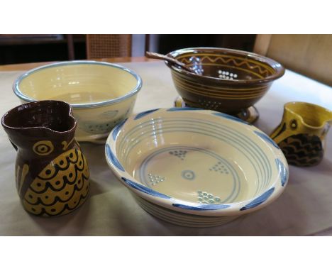 A collection of Bredon Hill Pottery, to include a shallow bowl, diameter 11ins, a bowl decorated with fish, diameter 10ins, t