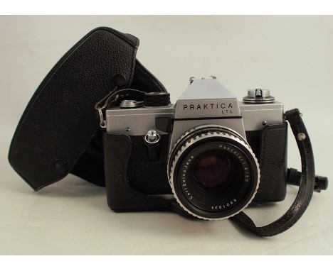 A Praktica LTL camera, mounted with a Carl Zeiss Jena Pancolar 1.8/50 lens, serial no. 8901834, together with a Haking Halina