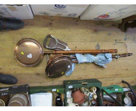 A collection of items to include warming pan, shooting stick, etc.