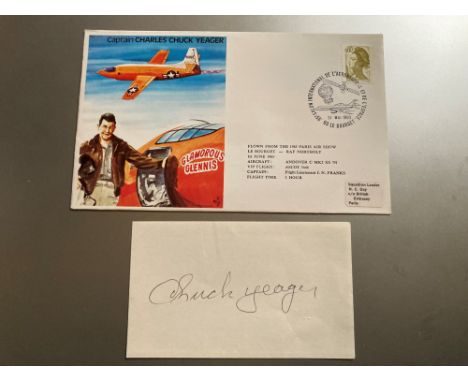 WW2 ace Sound Barrier pilot Chuck Yeager signed card along with his own Test Pilot RAF cover.  Good condition. All autographs