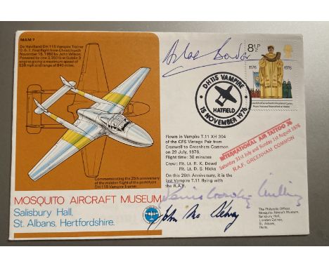 Maiden Flight DH 115 Vampire Signed by D Bader, D Crowley-Milling J McKelvey. 15 Nov 76 26th Anniv. of the Maiden Flight DH 1
