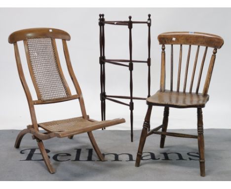 A 19th century ash and elm stick back scullery chair (3)37cm wide; 84cm high, a 19th century mahogany folding towel rail, 95c