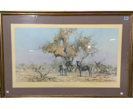 David Shepherd 'Zebras and Colony Weavers'Print signed in pencil, 67cm; 100cm
